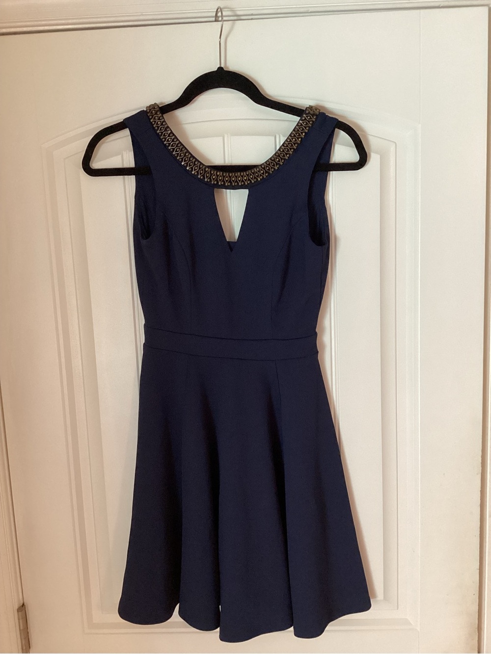XOXO Navy Fit & Flare Dress with Embellished beaded Neckline